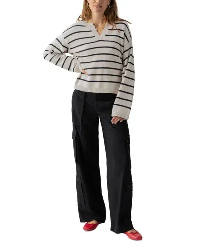 Sanctuary Women's Chill Vibes Striped Cotton Pullover Sweater In Chalk Black Stripe