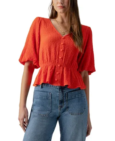 Sanctuary Women's Textured Button-front Peplum Top In Spicy Orange