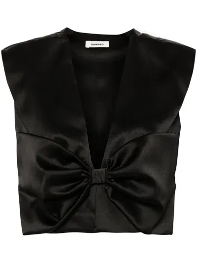 Sandro Satin Bow Cropped Top In Black