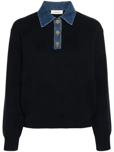 Sandro Denim-detailed Polo Shirt In Blue