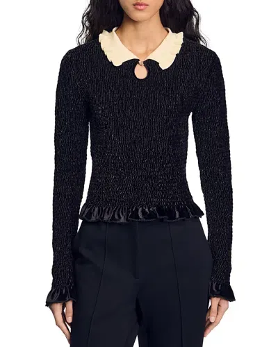 Sandro Smocked Top With Contrasting Neck In Black