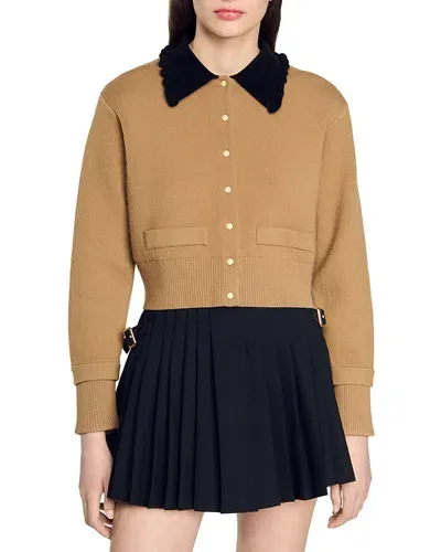 Sandro Etienne Collared Sweater In Camel