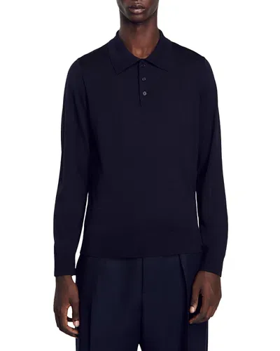 Sandro Fine Knit Wool Polo Shirt In Navy Blue