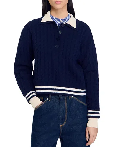 Sandro Fred Cable Knit Sweater In Navy Blue