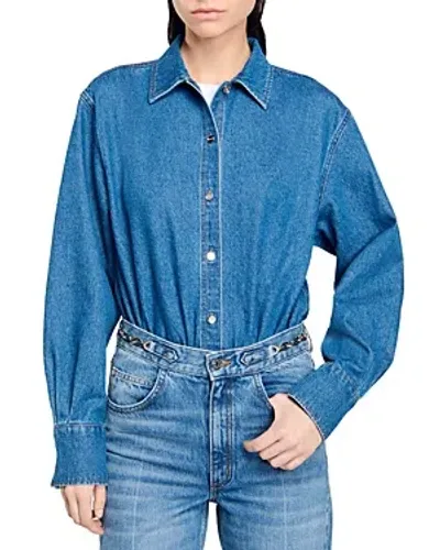 Sandro Fullmoon Denim Shirt Bodysuit In Blue Jean