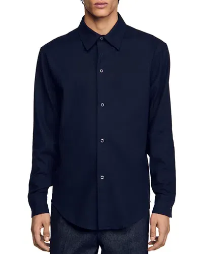 Sandro Joker Cotton Flannel Regular Fit Button Down Shirt In Navy Blue