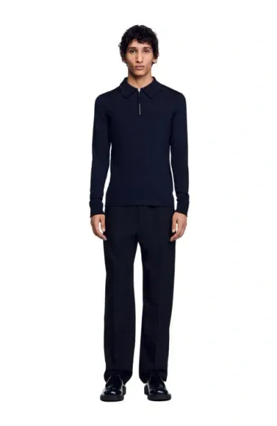 Sandro Knit Polo Sweater In Navy Blue