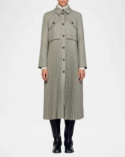 Sandro Houndstooth Pleated Coat In Black_white