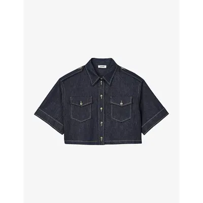 Sandro Cropped Denim Shirt In Deep Blue