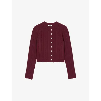 Sandro Womens Rouges Cocotte-stitch Stretch Cable-knit Cardigan In Bordeaux