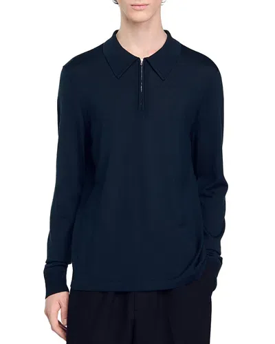 Sandro Wool-blend Zip Polo Sweater In Blue Prusse