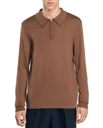 Sandro Wool-blend Zip Polo Sweater In Caramel