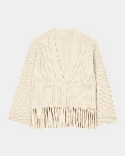 Sandro Rib Knit Fringed Cardigan In Ecru