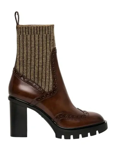 Santoni Mid-heel Brogue Sock Boot In Brown