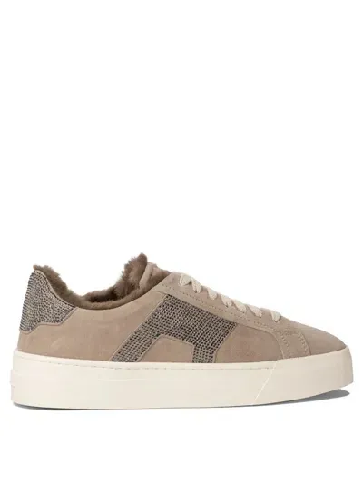 Santoni Double Buckle Leather Sneakers For Women In Beige