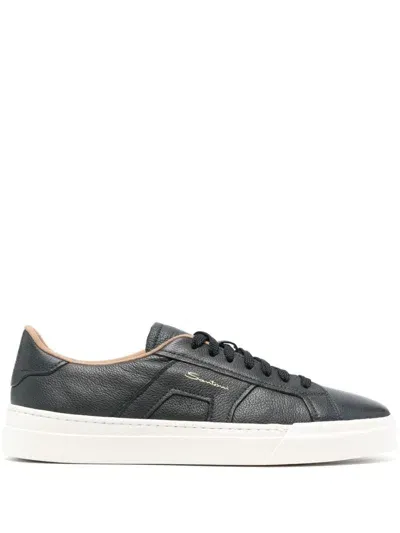 Santoni Grained Leather Sneakers In Blue