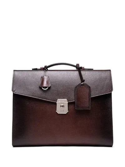 Santoni Logo Engraved Briefcase In Brown