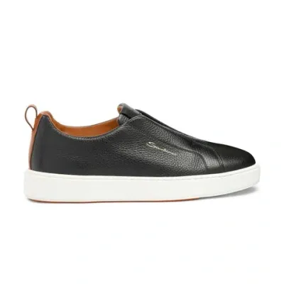 Santoni Men's Black Tumbled Leather Slip-on Sneaker