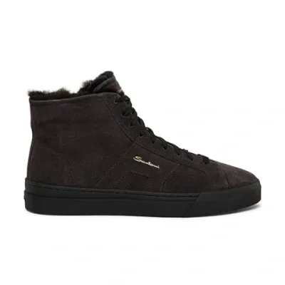 Santoni Men's Grey Suede High Top Double Buckle Sneaker With Fur Gray