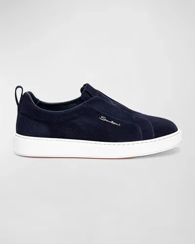 Santoni Men's Suede Low-top Slip-on Sneakers In Blue