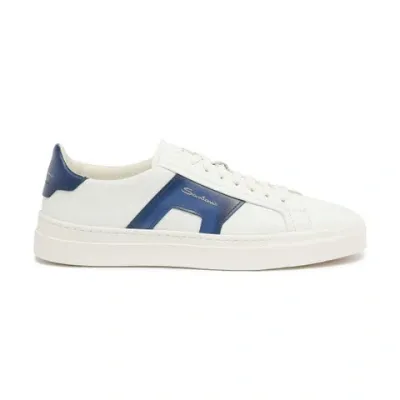 Santoni Men's White And Blue Leather Double Buckle Sneaker