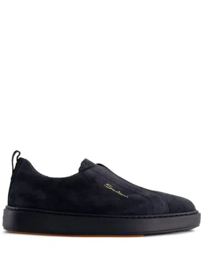 Santoni Men's Blue Suede Slip-on Sneaker