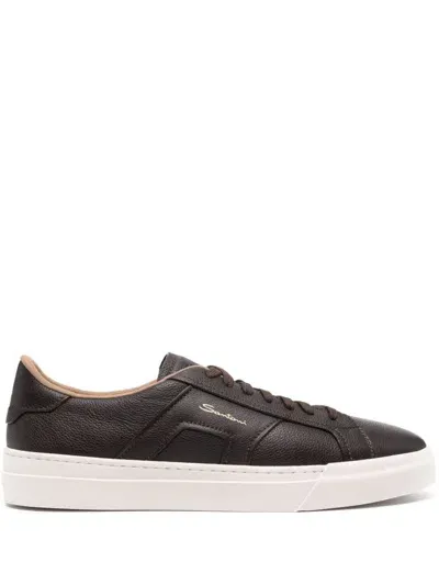 Santoni Lace-up Leather Sneakers In Brown