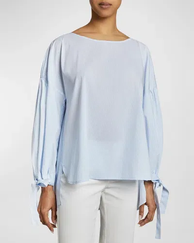 Santorelli Juniper Striped Tie-cuff Blouse In Sky Blue