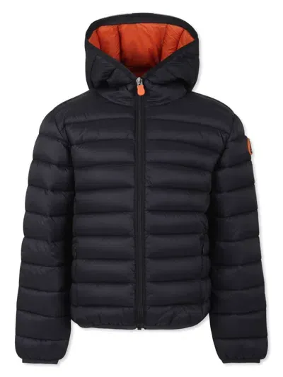 Save The Duck Kids' Logo-patch Hooded Padded Jacket In Black+ginger