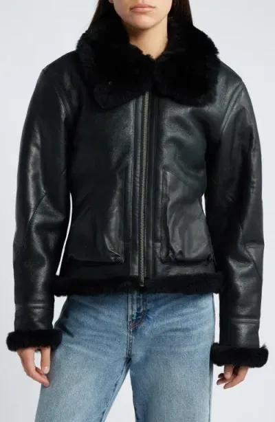 Schott Nyc B-3 Genuine Shearling Lined Leather Bomber Jacket In Ebony