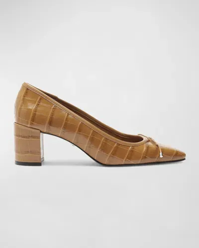 Schutz Arissa Croco Bow Square-toe Pumps In Caramel