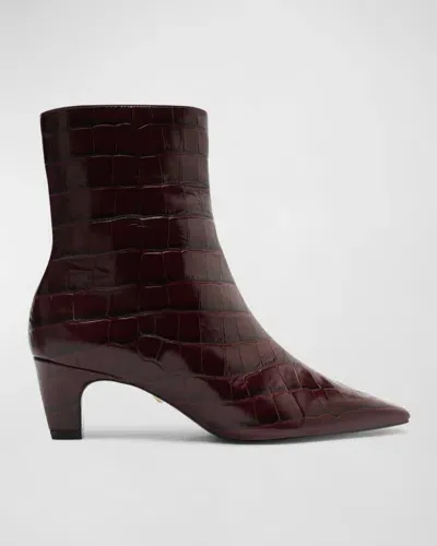 Schutz Dellia Croco Kitten Ankle Booties In Cherry Wine