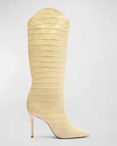 Schutz Maryana Croco Stiletto Tall Boots In Beige