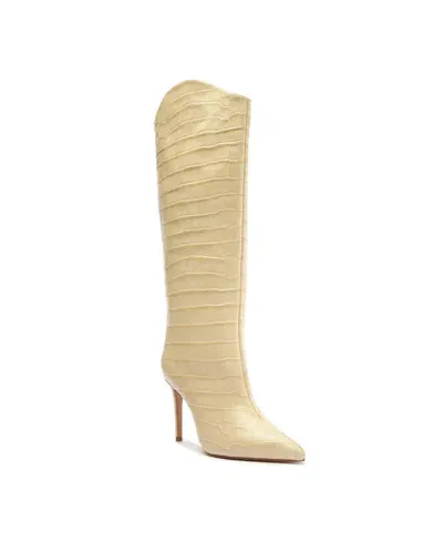 Schutz Women's Maryana Crocodile Embossed Wide Leg Knee High Stiletto Leather Boots In Beige