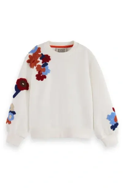 Scotch & Soda Kids'  Floral Bouclé Crewneck Sweatshirt In 0001 Off White