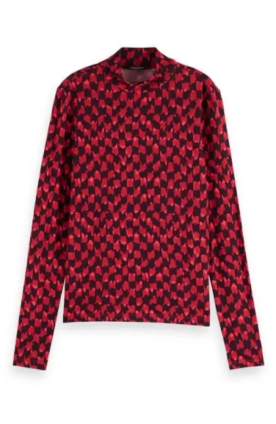 Scotch & Soda Ikat Checkerboard Mock Neck Top In Ikat Checkerboard Pink