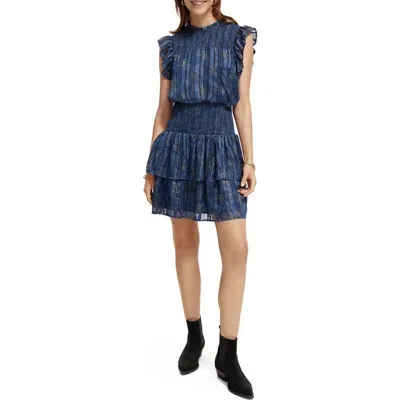 Scotch & Soda Metallic Smocked Waist Minidress In 6380-b Sides Motif Marine