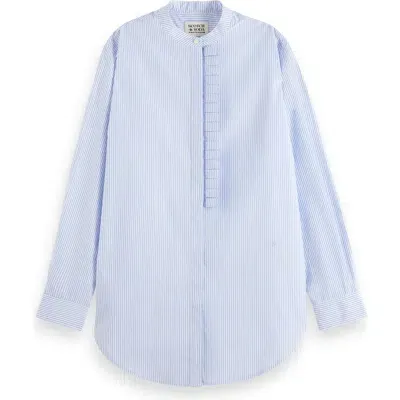 Scotch & Soda Ruffle Placket Oversize Button-up Shirt In Mystic Blue And White Stripes