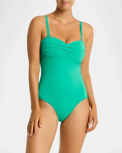 Sea Level Swim Twist Bandeau One-piece Swimsuit In Evergreen