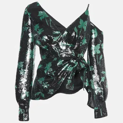 Pre-owned Self-portrait Black/green Sequin One-shoulder Top M