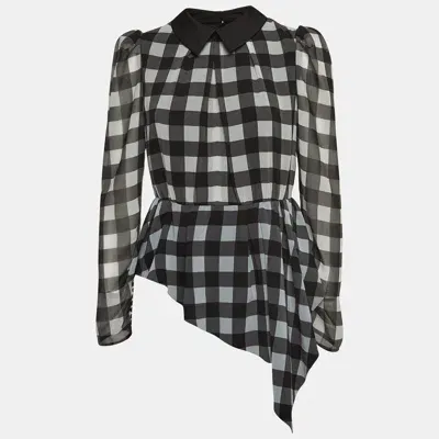 Pre-owned Self-portrait Black Checkered Crepe Peplum Top S