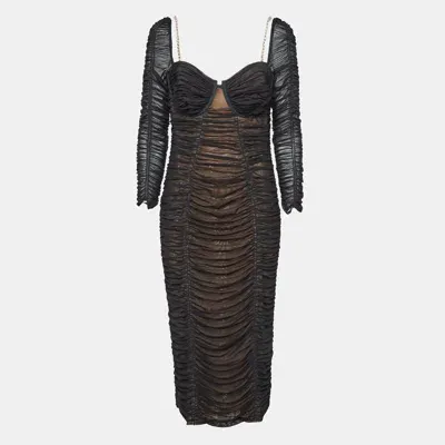 Pre-owned Self-portrait Black Crystal-embellished Strap Stretch Mesh Ruche Midi Dress L