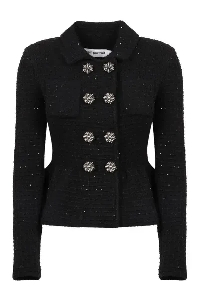 Self-portrait Boucle Knit Jacket In Black