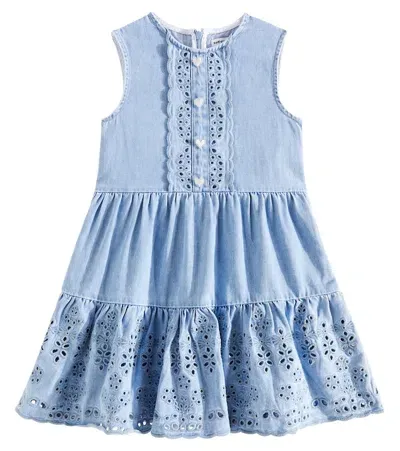 Self-portrait Kids' Broderie Anglaise Denim Dress In Blue