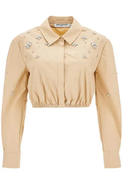 Self-portrait Self Portrait 'cropped Shirt With Crystals' In Beige