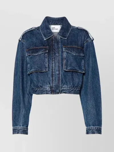 Self-portrait Cropped Utility Denim Jacket In Blue