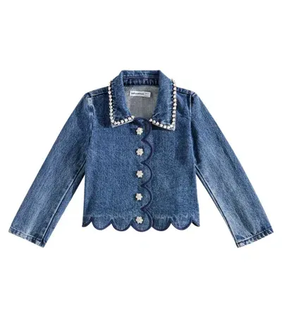 Self-portrait Kids' Embellished Scalloped Denim Jacket In Blue