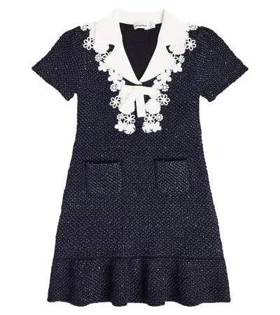 Self-portrait Kids' Lace-trimmed Knit Dress In Blue