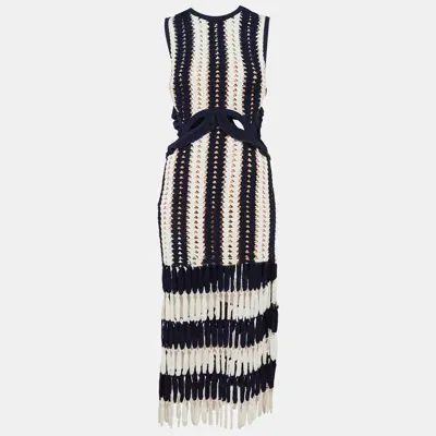 Pre-owned Self-portrait Navy Blue/ White Crochet Knit Cut-out Midi Dress M