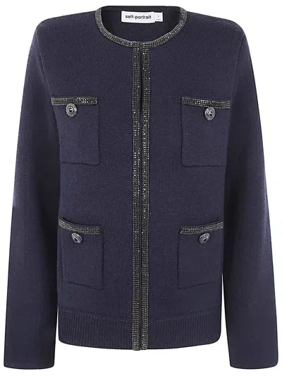 Self-portrait Navy Embellished Knit Cardigan In Blue